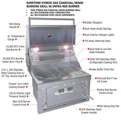 Sunstone 30″ Gas Burners Hybrid Single Zone Charcoal/Wood Burner Grill – SUNCHSZ30IR-LP
